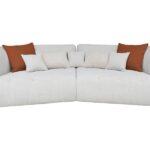 Canapé droit fixe SOPHIE 4 places – Tissu écru & coussins orange
