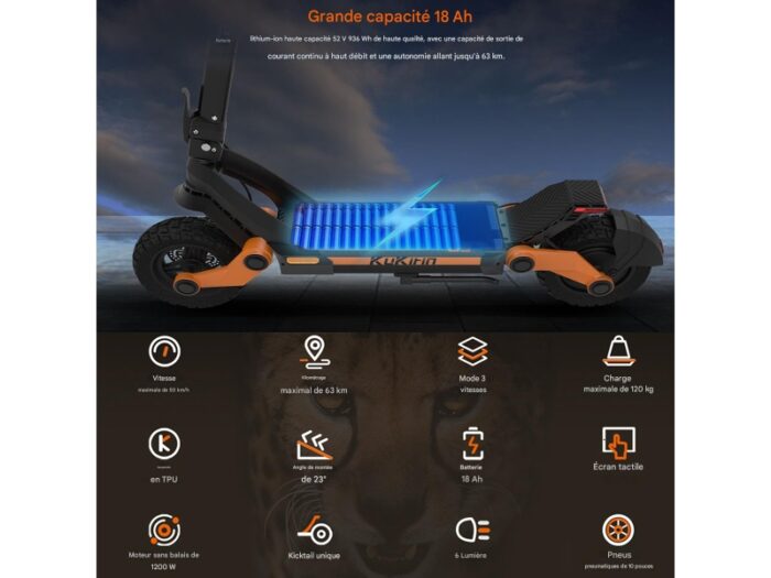 Trotinette electrique adulte 50km/h Kukirin g3 scooter 1200w arrière 52v 18ah 70Km – Image 4