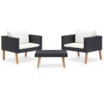 Chic salon bas de jardin 3 pcs avec coussins - résine tressée noir - 76x67x60 cm