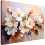 Tableau pour salon chambre, fleurs blanches peintes en beige 1256795129