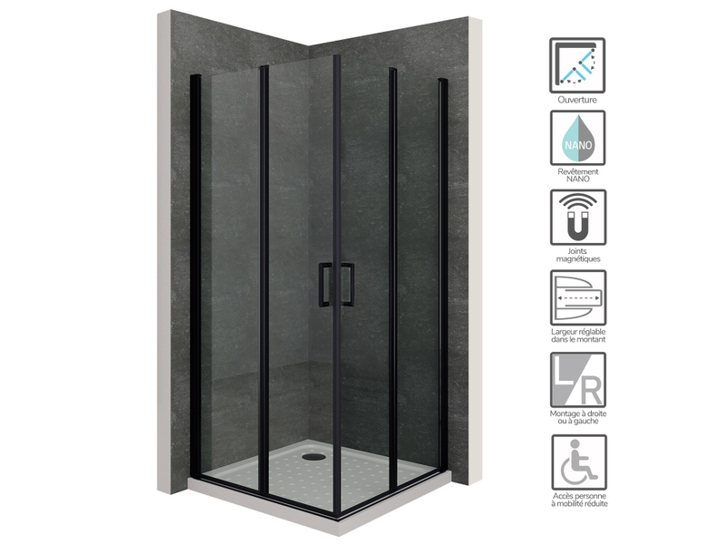 G_U35469540_B Sofia-black cabine douche 80x90 cm + receveur h.180 portes pivotantes verre 6 mm, profilés noirs – Image 1